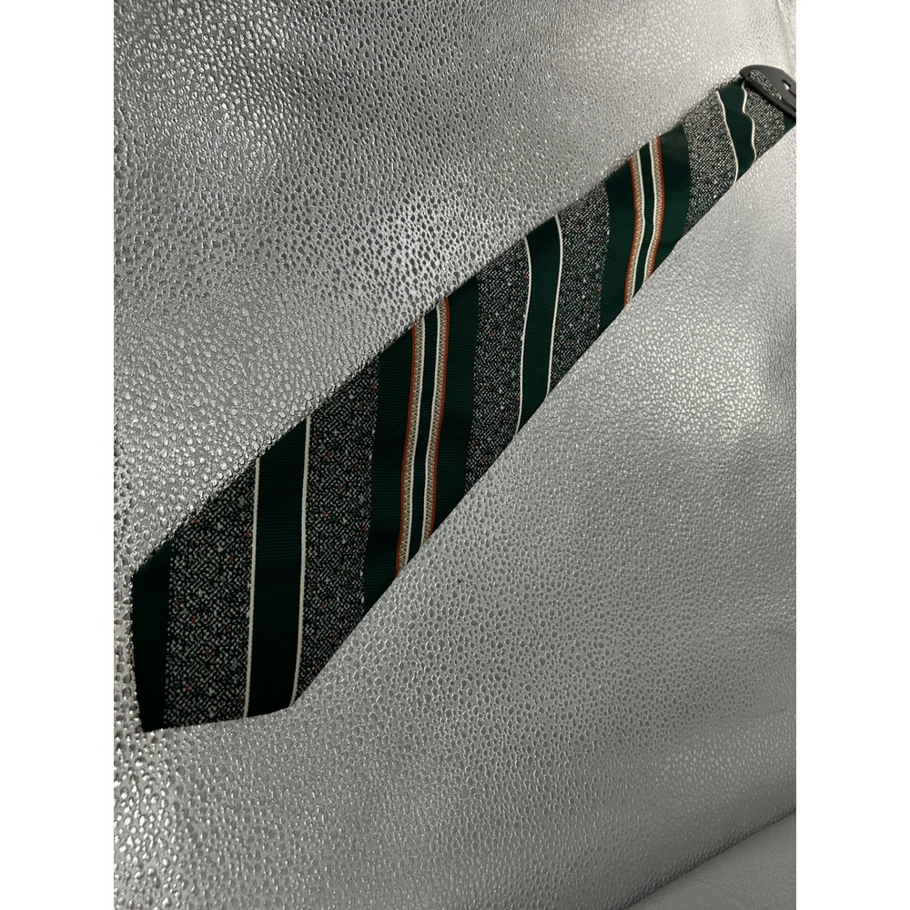 Vintage Qiana Nylon Necktie Green Orange White Striped Retro 70s Mens Tie